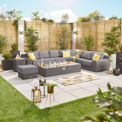 Luxor Rattan L-Shaped Curved Corner Sofa Lounging Set with Rectangular Fire Pit Coffee Table & Footstool in Slate Grey