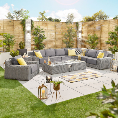 Luxor Rattan L-Shaped Curved Corner Sofa Lounging Set with Rectangular Fire Pit Coffee Table & 1 Armchair in White Wash