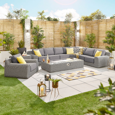 Luxor Rattan L-Shaped Curved Corner Sofa Lounging Set with Rectangular Fire Pit Coffee Table & 1 Armchair in White Wash