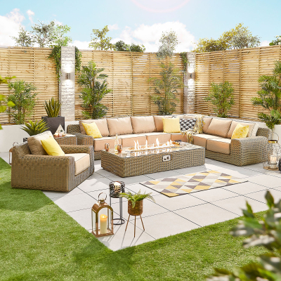 Luxor Rattan L-Shaped Curved Corner Sofa Lounging Set with Rectangular Fire Pit Coffee Table & 1 Armchair in Willow