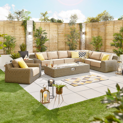 Luxor Rattan L-Shaped Curved Corner Sofa Lounging Set with Rectangular Fire Pit Coffee Table & 1 Armchair in Willow