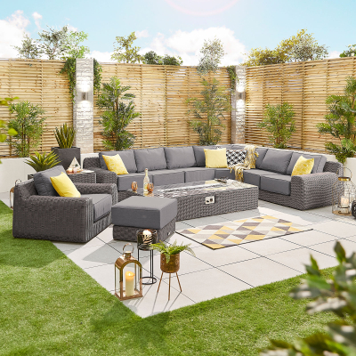 Luxor Rattan L-Shaped Curved Corner Sofa Lounging Set with Rectangular Fire Pit Coffee Table & Footstool & 1 Armchair in Slate Grey