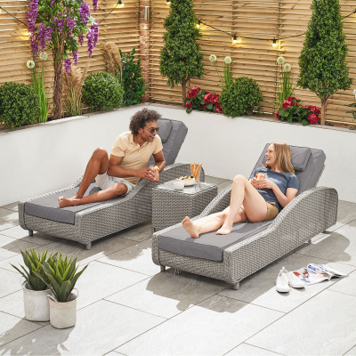 Madison Rattan Sun Lounger Set of 2 and Side Table in White Wash