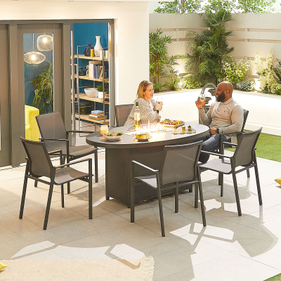 Milano 6 Seat Aluminium Dining Set - Oval Gas Fire Pit Table in Graphite Grey