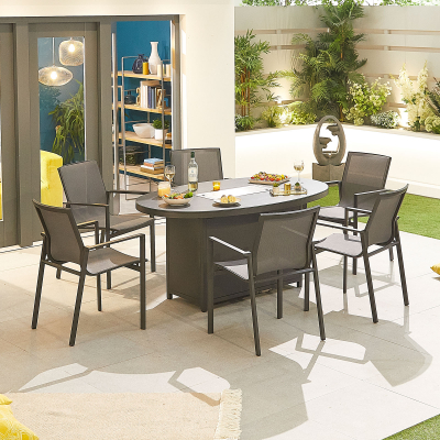 Milano 6 Seat Aluminium Dining Set - Oval Gas Fire Pit Table in Graphite Grey