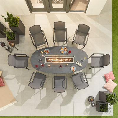Milano 8 Seat Aluminium Dining Set - Oval Gas Fire Pit Table in Graphite Grey