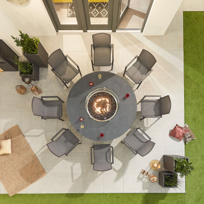 Milano 8 Seat Aluminium Dining Set - Round Gas Fire Pit Table in Graphite Grey