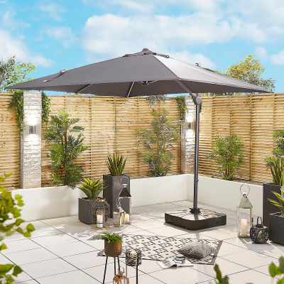 Galaxy 3.0m x 3.0m Square LED Aluminium Cantilever Parasol - Grey Canopy, Grey Frame and 100Kg Base