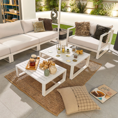Alessandria Aluminium 3 Seater Sofa Lounging Set with Footstool with Nested Coffee Table & Additional 2 Armchairs in Chalk White