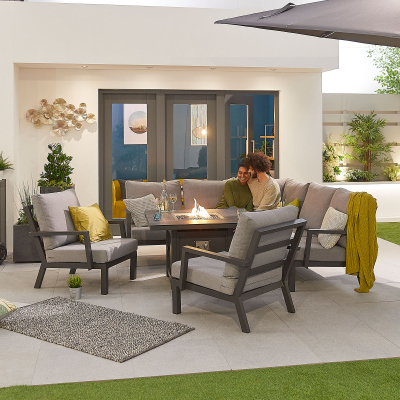 Vogue Compact Corner Aluminium Lounge Dining Set with 2 Armchairs - Square Gas Fire Pit Table in Graphite Grey