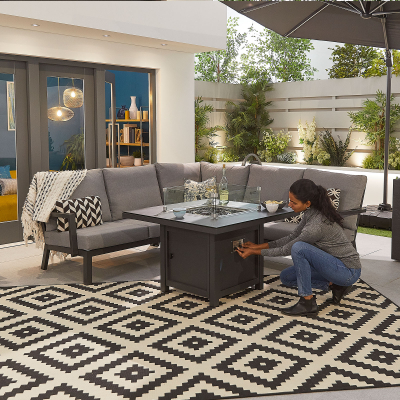 Vogue Compact Corner Aluminium Lounge Dining Set with 2 Armchairs - Square Gas Fire Pit Table in Graphite Grey