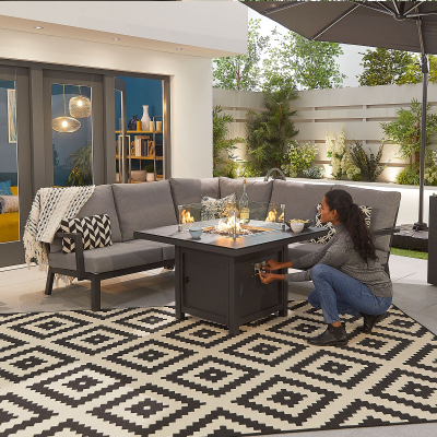 Vogue Compact Corner Aluminium Lounge Dining Set with Armchair and Bench - Square Gas Fire Pit Table in Graphite Grey