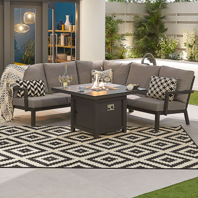 Vogue Compact Corner Aluminium Lounge Dining Set - Square Gas Fire Pit Table in Graphite Grey