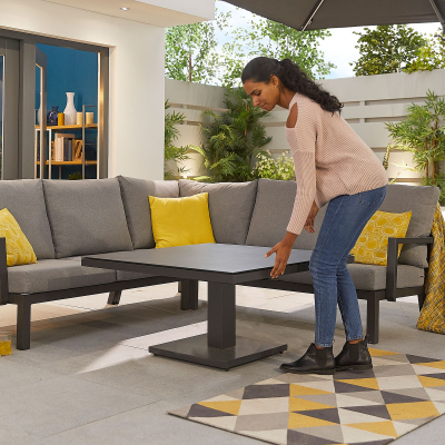 Vogue Compact Corner Aluminium Lounge Dining Set - Square Adjustable Rising Table in Graphite Grey