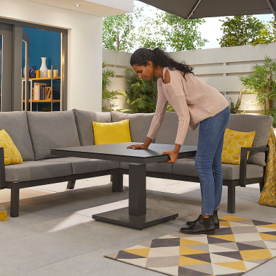 Vogue Compact Corner Aluminium Lounge Dining Set - Square Adjustable Rising Table in Graphite Grey