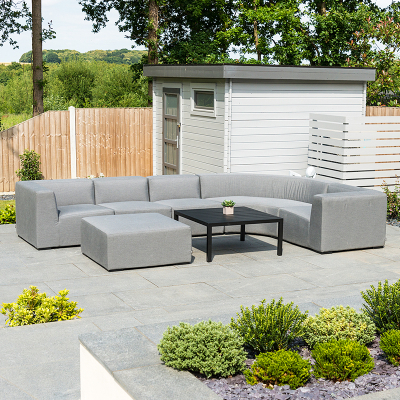 Toft All Weather Fabric Aluminium Curved Corner Sofa Lounging Set with Square Coffee Table & Footstool in Ash Grey