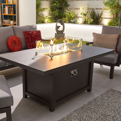 Vogue 3 Seater Aluminium Lounge Dining Set with 2 Armchairs and Bench - Gas Fire Pit Table in Graphite Grey