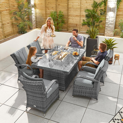 Olivia 6 Seat Rattan Dining Set - Rectangular Gas Fire Pit Table in Grey Rattan