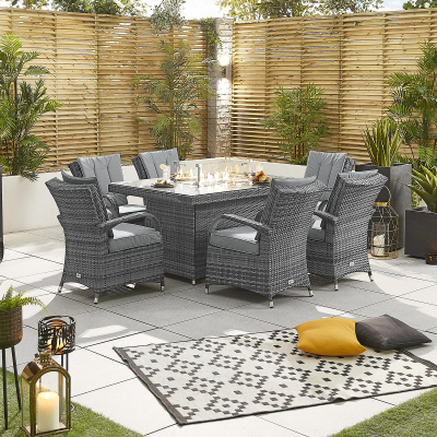 Olivia 6 Seat Rattan Dining Set - Rectangular Gas Fire Pit Table in Grey Rattan