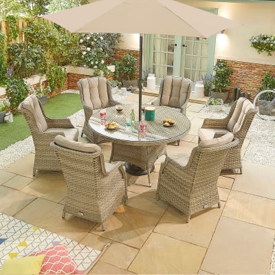 Oyster 6 Seat Rattan Dining Set - Round Table in Oyster