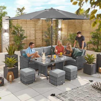 Cambridge L-Shaped Corner Rattan Lounge Dining Set with 3 Stools - Right Handed Parasol Hole Table in Grey Rattan