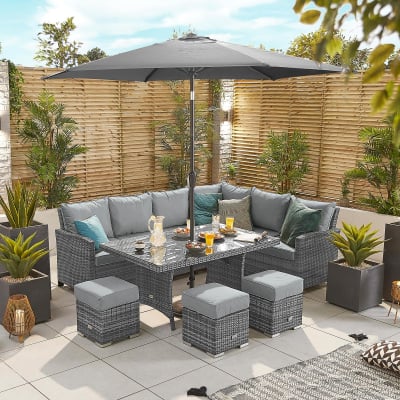 Cambridge L-Shaped Corner Rattan Lounge Dining Set with 3 Stools - Right Handed Parasol Hole Table in Grey Rattan
