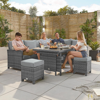 Cambridge L-Shaped Corner Rattan Lounge Dining Set with 3 Stools - Right Handed Extending Table in Grey Rattan