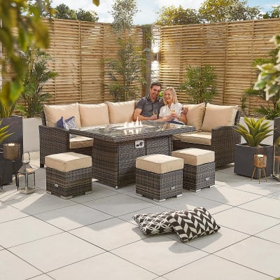Cambridge L-Shaped Corner Rattan Lounge Dining Set with 3 Stools - Right Handed Gas Fire Pit Table in Brown Rattan