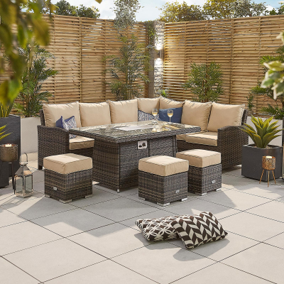 Cambridge L-Shaped Corner Rattan Lounge Dining Set with 3 Stools - Right Handed Gas Fire Pit Table in Brown Rattan