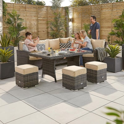 Cambridge L-Shaped Corner Rattan Lounge Dining Set with 3 Stools - Right Handed Table in Brown Rattan
