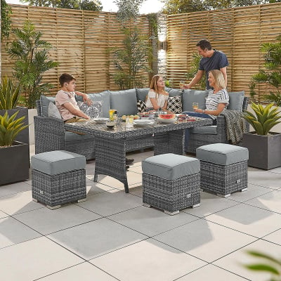 Cambridge L-Shaped Corner Rattan Lounge Dining Set with 3 Stools - Right Handed Table in Grey Rattan