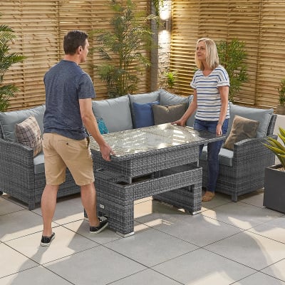 Cambridge L-Shaped Corner Rattan Lounge Dining Set with 3 Stools - Right Handed Rising Table in Grey Rattan