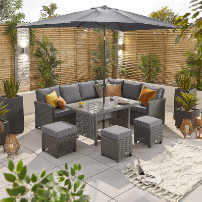Ciara L-Shaped Corner Rattan Lounge Dining Set with 3 Stools - Right Handed Parasol Hole Table in Slate Grey