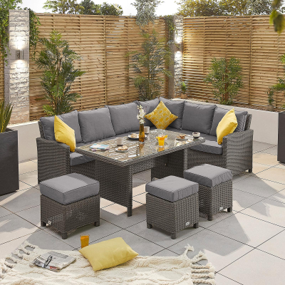 Ciara L-Shaped Corner Rattan Lounge Dining Set with 3 Stools - Right Handed Parasol Hole Table in Slate Grey
