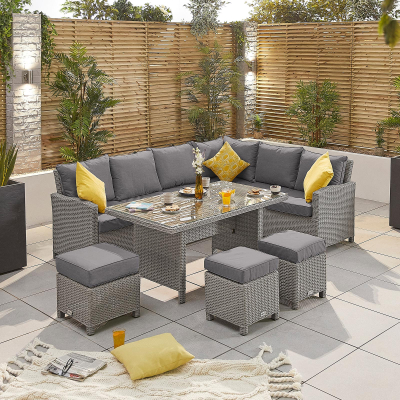 Ciara L-Shaped Corner Rattan Lounge Dining Set with 3 Stools - Right Handed Parasol Hole Table in White Wash