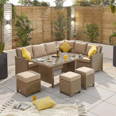 Ciara L-Shaped Corner Rattan Lounge Dining Set with 3 Stools - Right Handed Parasol Hole Table in Willow