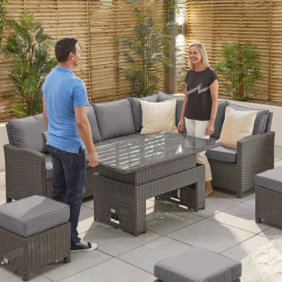 Ciara L-Shaped Corner Rattan Lounge Dining Set with 3 Stools - Right Handed Rising Table in Slate Grey