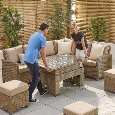Ciara L-Shaped Corner Rattan Lounge Dining Set with 3 Stools - Right Handed Rising Table in Willow