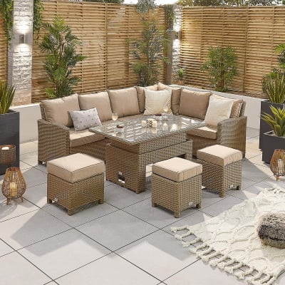 Ciara L-Shaped Corner Rattan Lounge Dining Set with 3 Stools - Right Handed Rising Table in Willow
