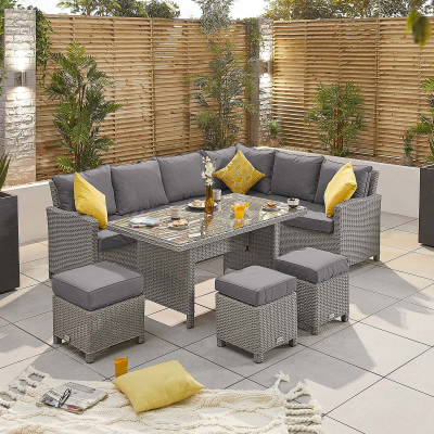 Ciara L-Shaped Corner Rattan Lounge Dining Set with 3 Stools - Right Handed Table in White Wash