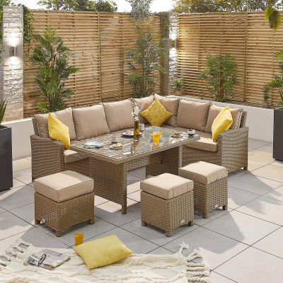 Ciara L-Shaped Corner Rattan Lounge Dining Set with 3 Stools - Right Handed Table in Willow