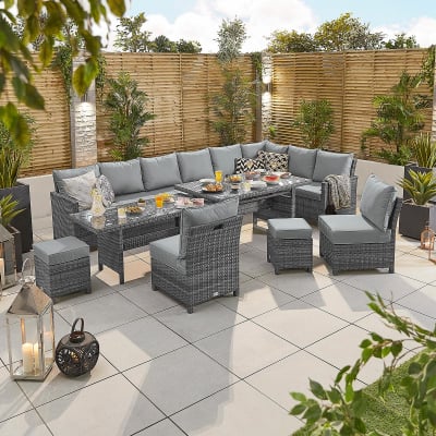 Cambridge L-Shaped Corner Rattan Lounge Dining Set with 3 Stools - Right Handed Add & Extending Table in Grey Rattan