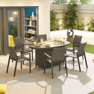 Roma 6 Seat Aluminium Dining Set - Oval Gas Fire Pit Table in Graphite Grey