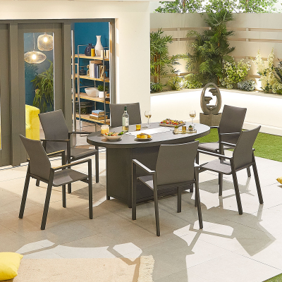 Roma 6 Seat Aluminium Dining Set - Oval Gas Fire Pit Table in Graphite Grey