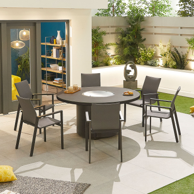 Roma 6 Seat Aluminium Dining Set - Round Gas Fire Pit Table in Graphite Grey
