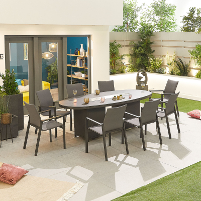 Roma 8 Seat Aluminium Dining Set - Oval Gas Fire Pit Table in Graphite Grey