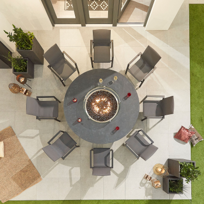 Roma 8 Seat Aluminium Dining Set - Round Gas Fire Pit Table in Graphite Grey
