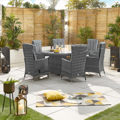 Ruxley 6 Seat Rattan Dining Set - Oval Gas Fire Pit Table in Grey Rattan