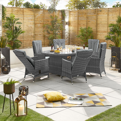 Ruxley 6 Seat Rattan Dining Set - Oval Gas Fire Pit Table in Grey Rattan