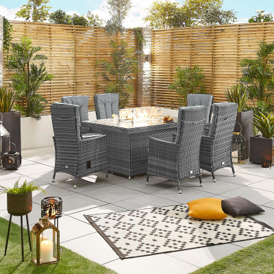 Ruxley 6 Seat Rattan Dining Set - Rectangular Gas Fire Pit Table in Grey Rattan